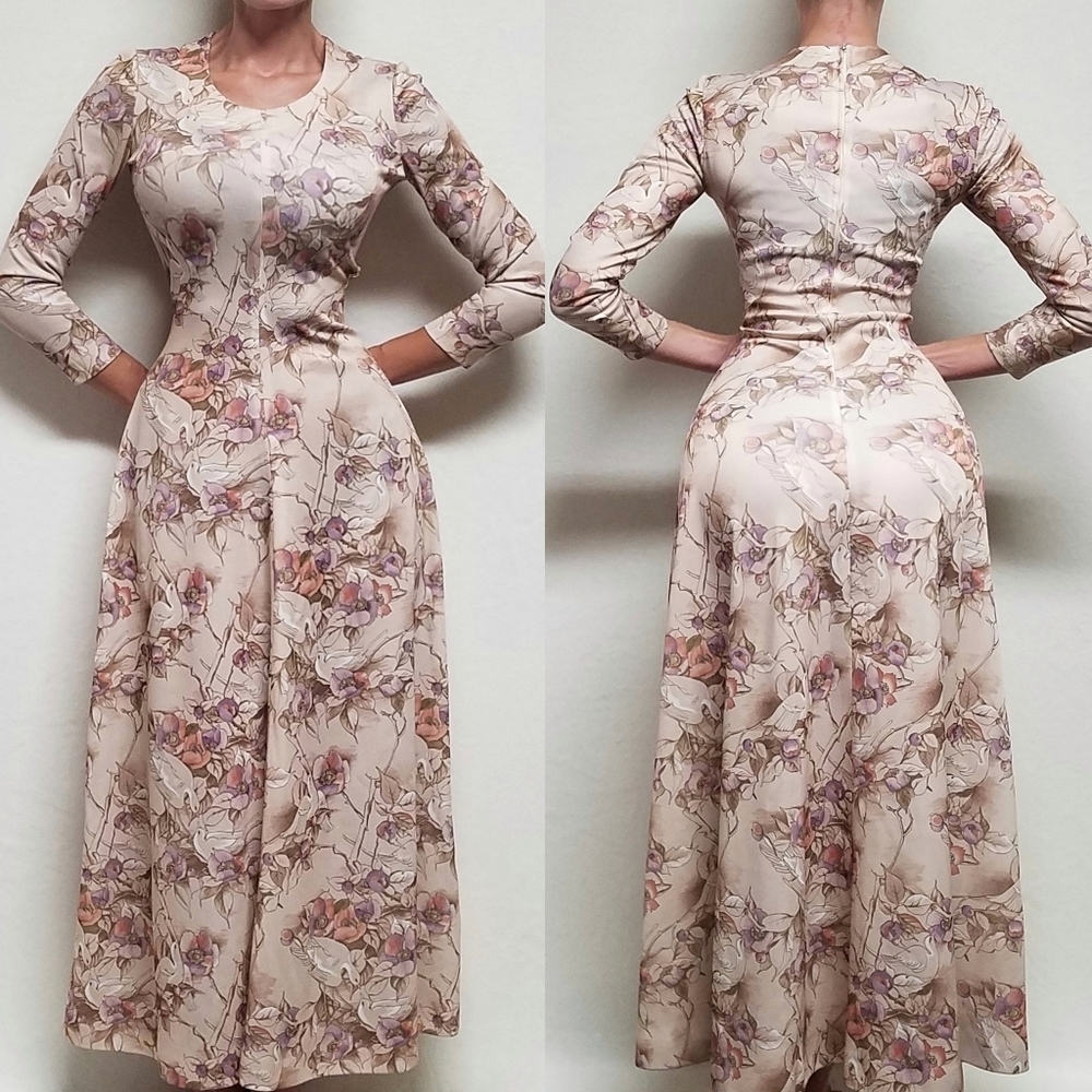60s Vintage Handmade Purple Orchid Kissing Doves Long Sleeve Maxi Dress Small
